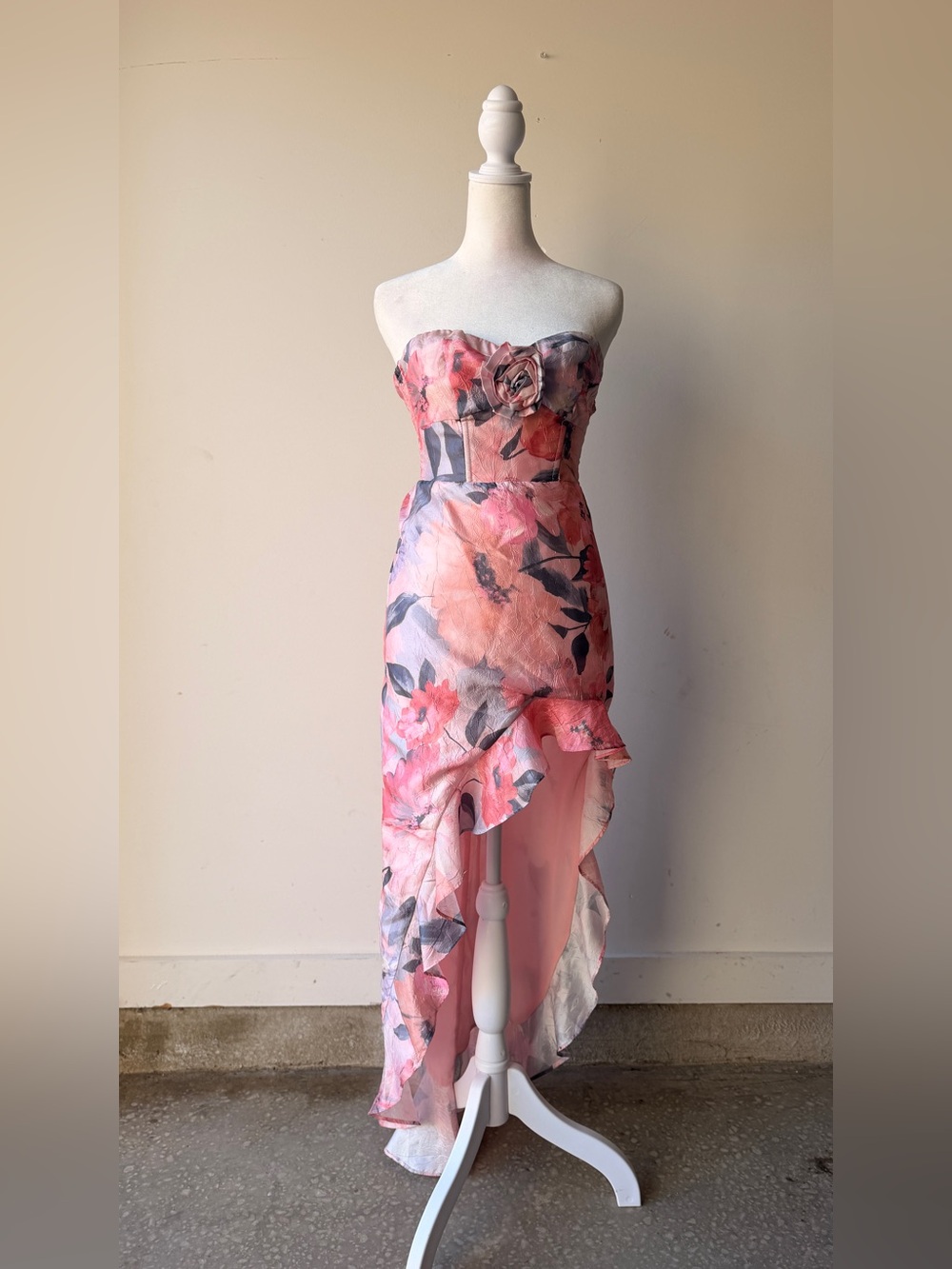 Anthropologie: If By Sea Strapless Pink Floral High-Low Occasion Dress
